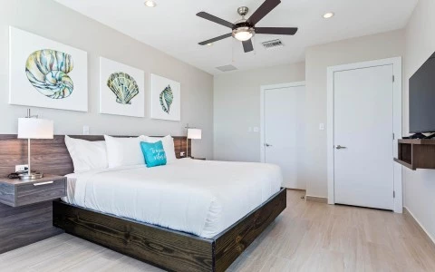 a bedroom with a bed and a fan