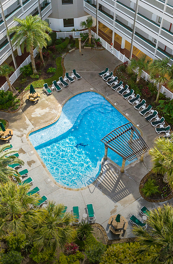 a swimming pool with chairs and trees