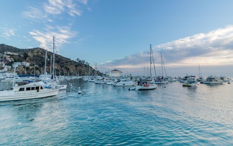 a group of boats in a bay with mountains in the background