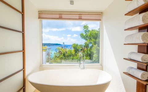 a bathtub in a bathroom with a window overlooking the water