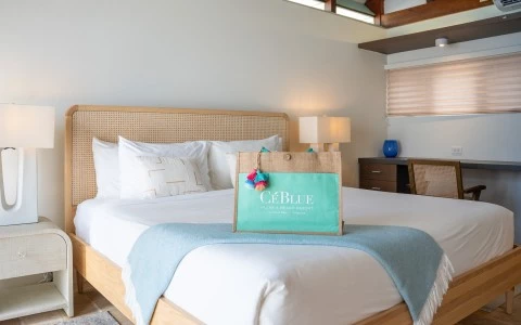 a bed with a bag on it
