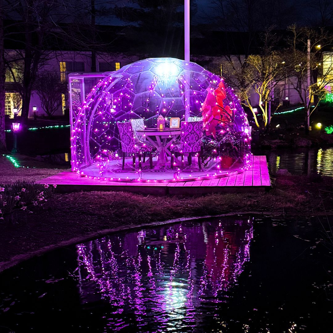 a glass structure with lights and a table and chairs on it