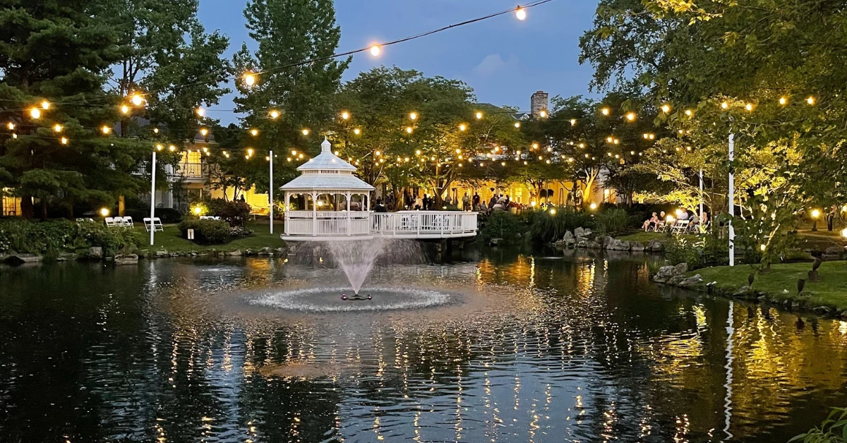 the iconic cherry valley hotel gazebo in the pond in our signature gardens