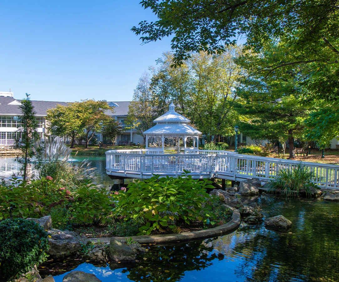 a gazebo over a pond with trees and a building