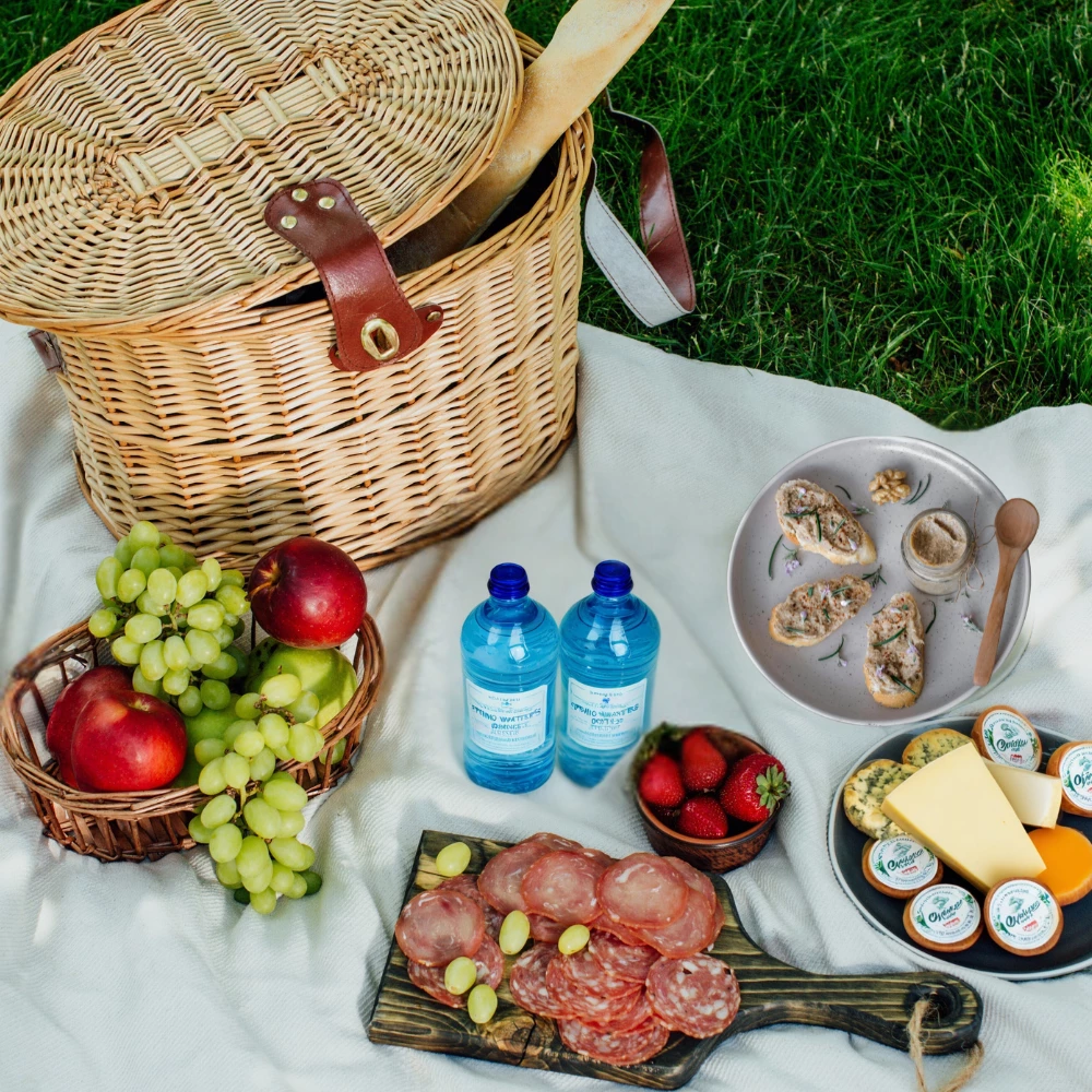 a picnic basket and food on a blanket