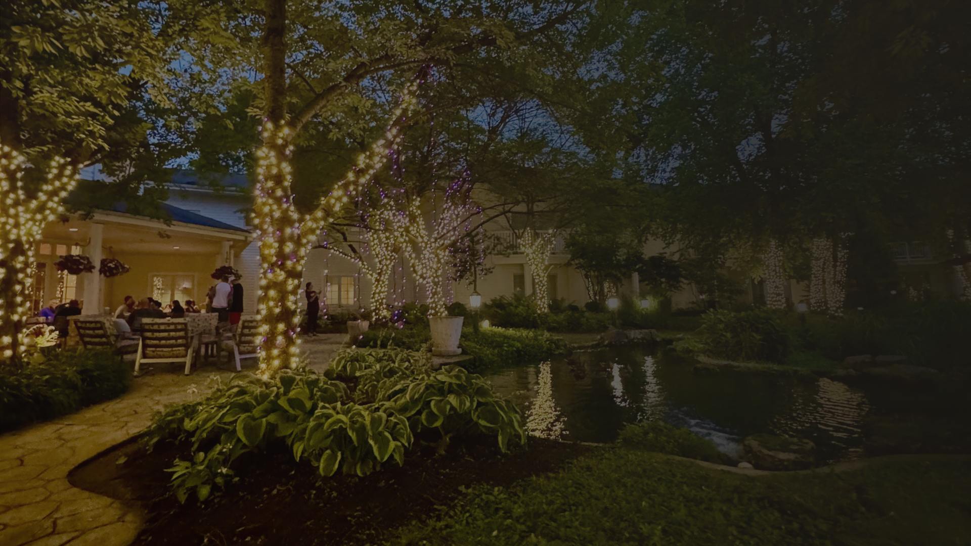 a group of people standing on a bench next to a pond with lights on trees