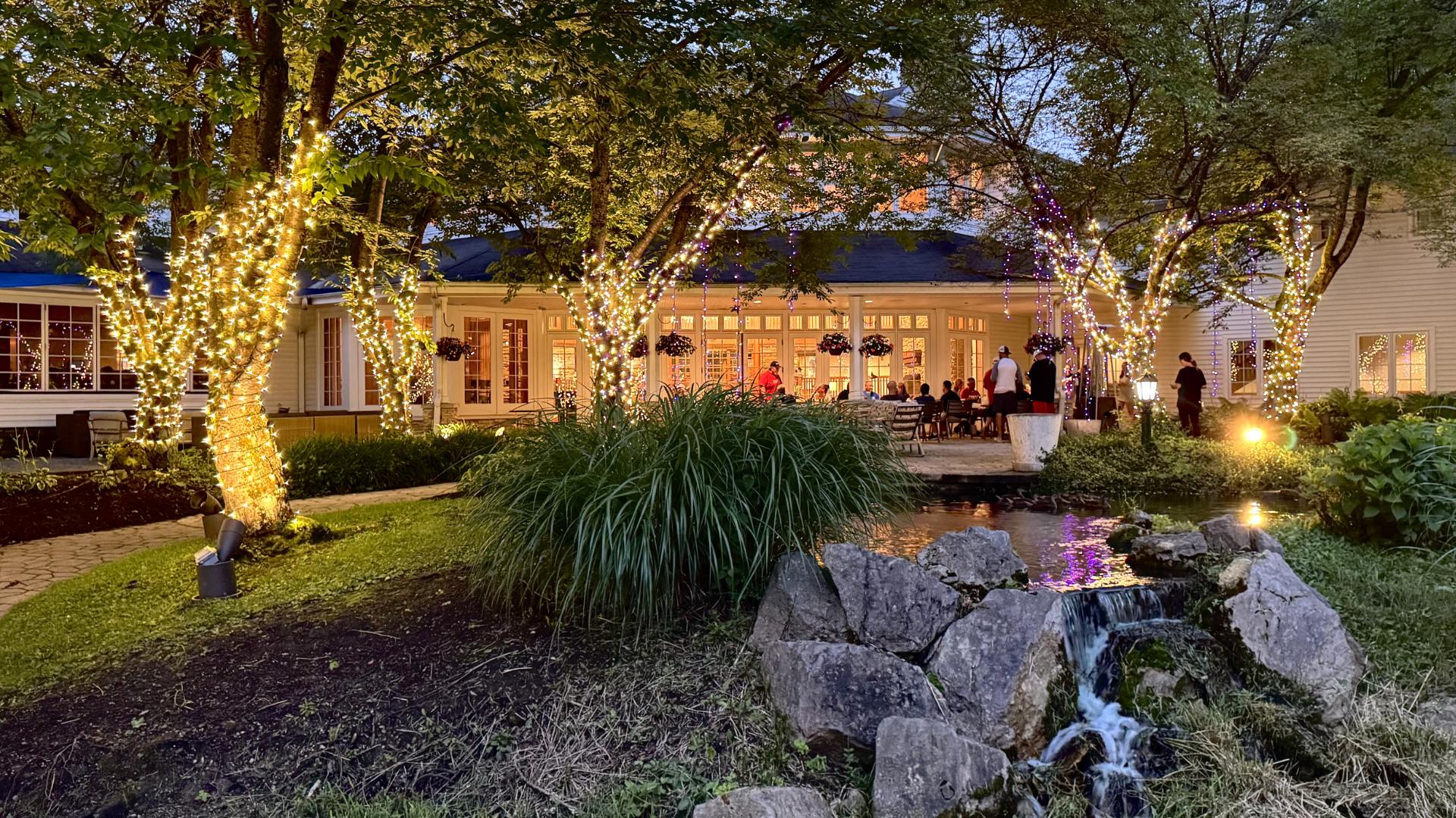 a building with trees and lights
