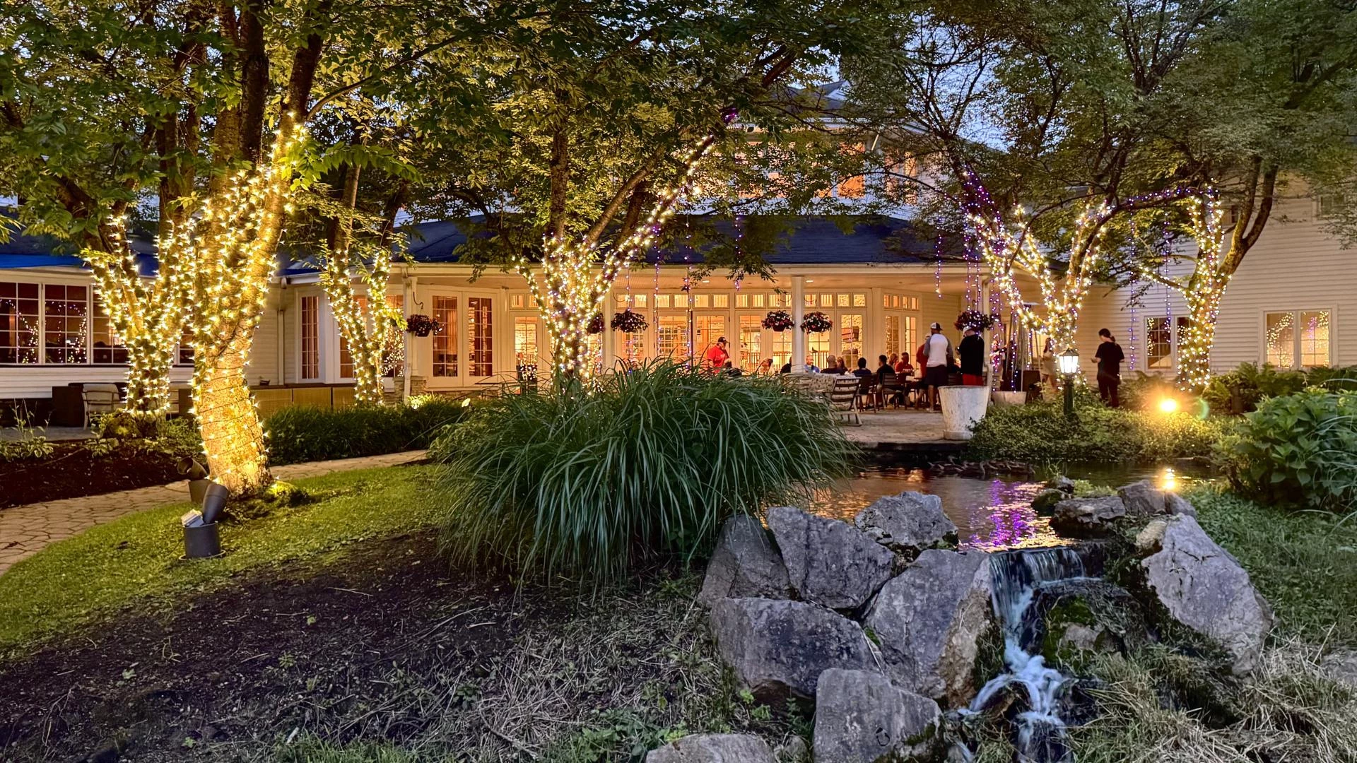 a building with trees and lights