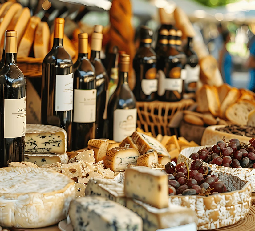 a table with food and wine bottles
