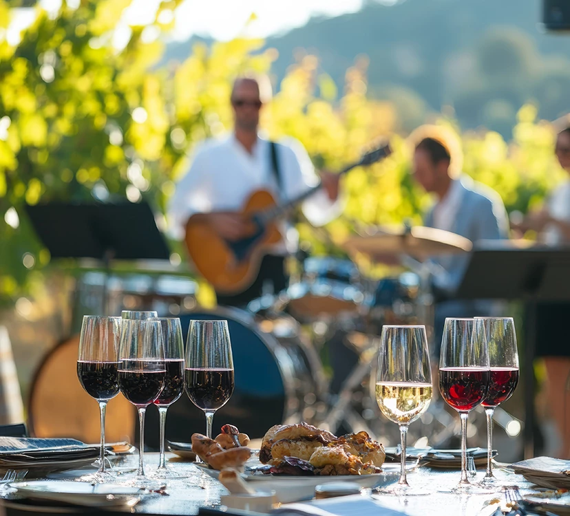 a group of wine glasses on a table with food and a man playing a band