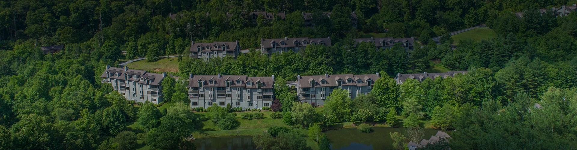 a group of buildings surrounded by trees