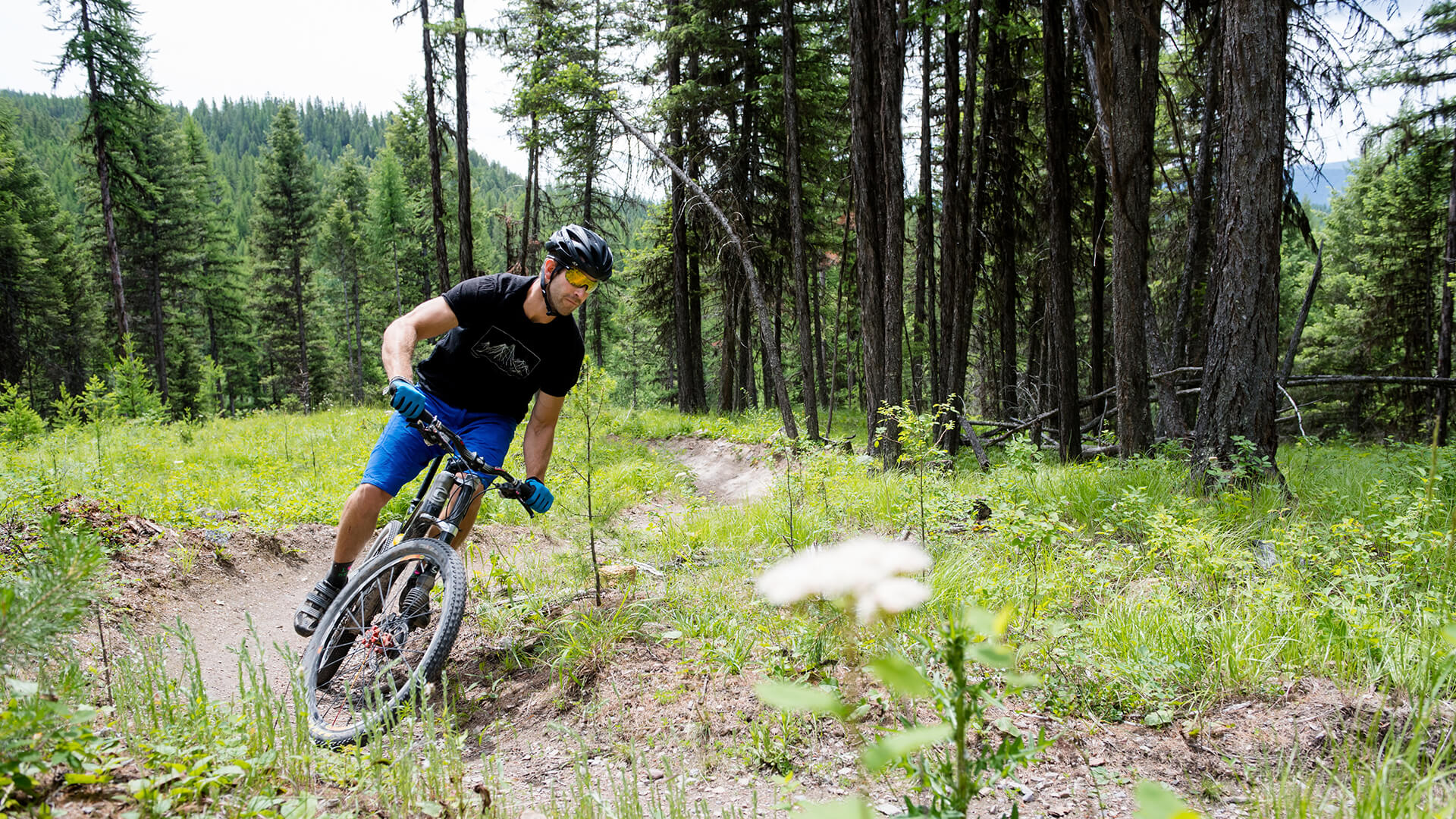 hero image for a man riding a bike on a trail in the woods
