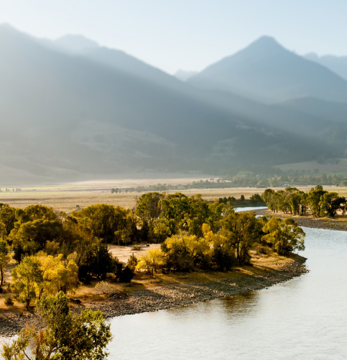 post image for a river with trees and mountains in the background