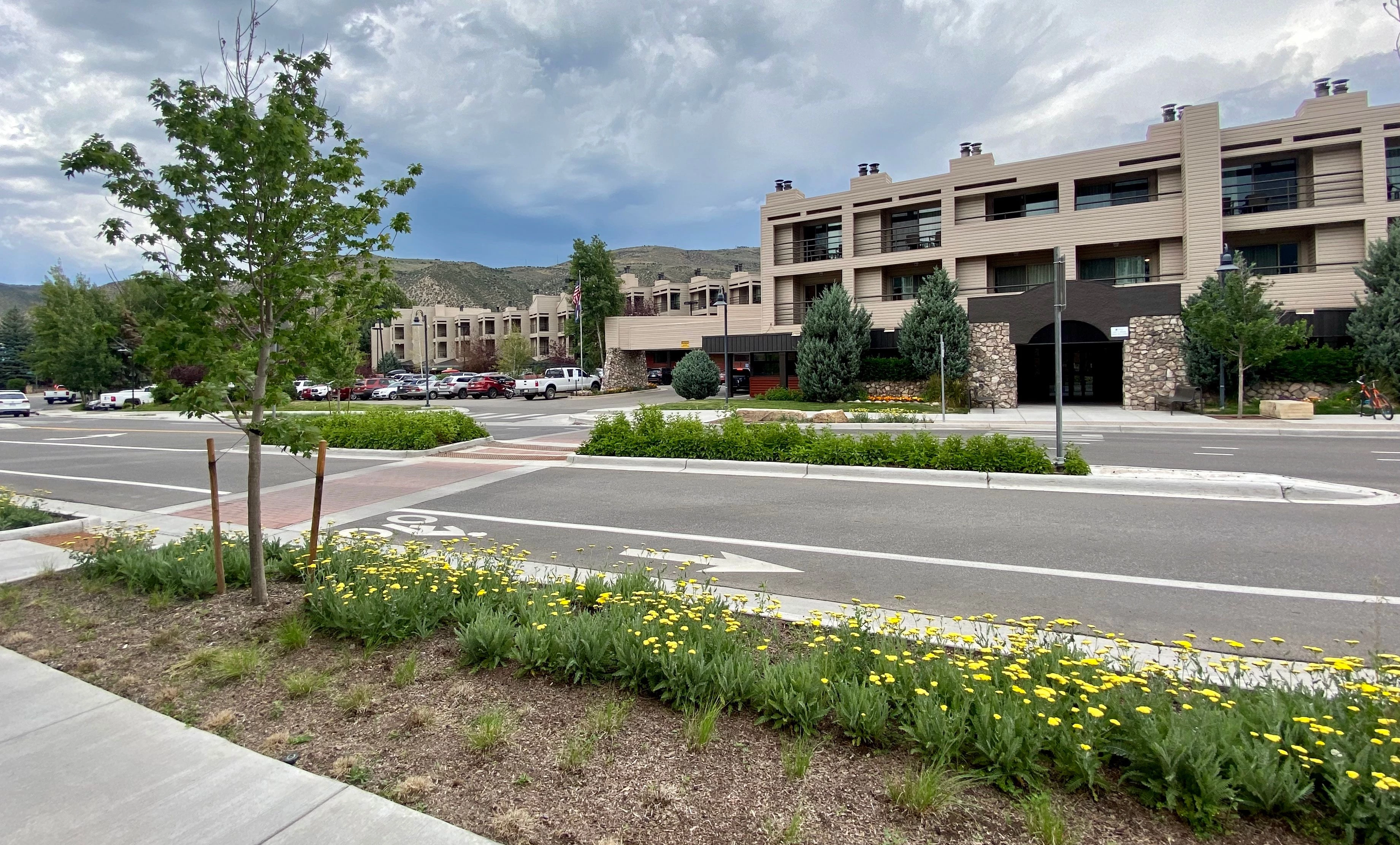 a road with a building and trees