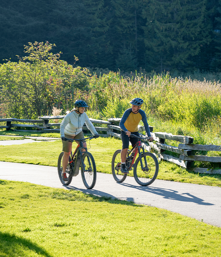 a couple of people riding bikes on a path