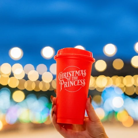 a hand holding a red cup smores land 