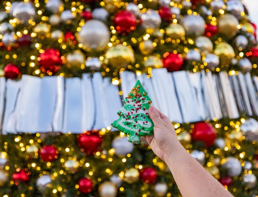 a hand holding a cookie in front of a christmas tree