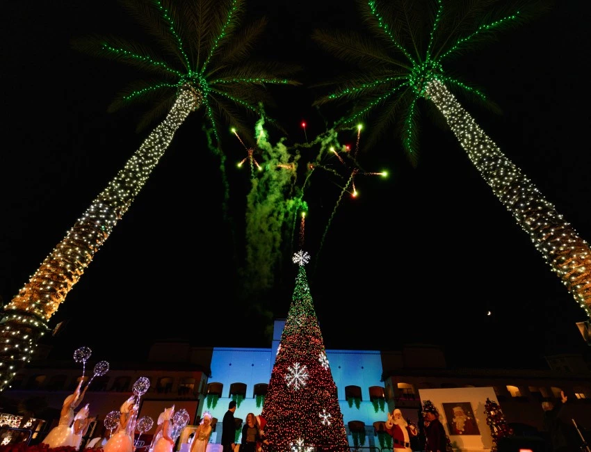 a group of people standing in front of a building with palm trees and fireworks