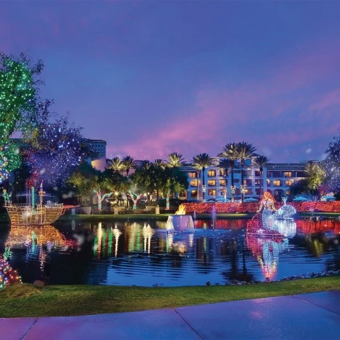 a lake with lit holiday decorations on it and around it