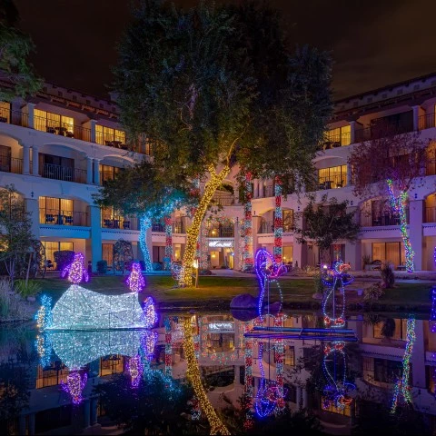 a building with trees and lights