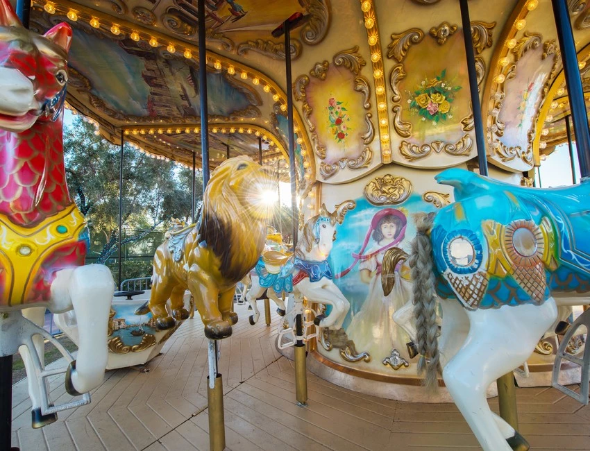 close up of a carousel with animals and soft lights