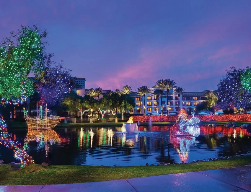 many trees and holiday decorations with lights next to the lake and on the lake