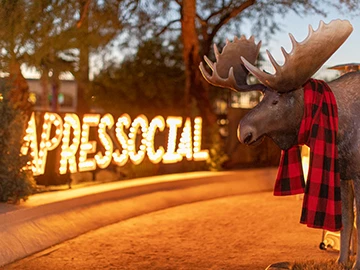 a moose statue with a red and black checkered scarf in front of a lit sign