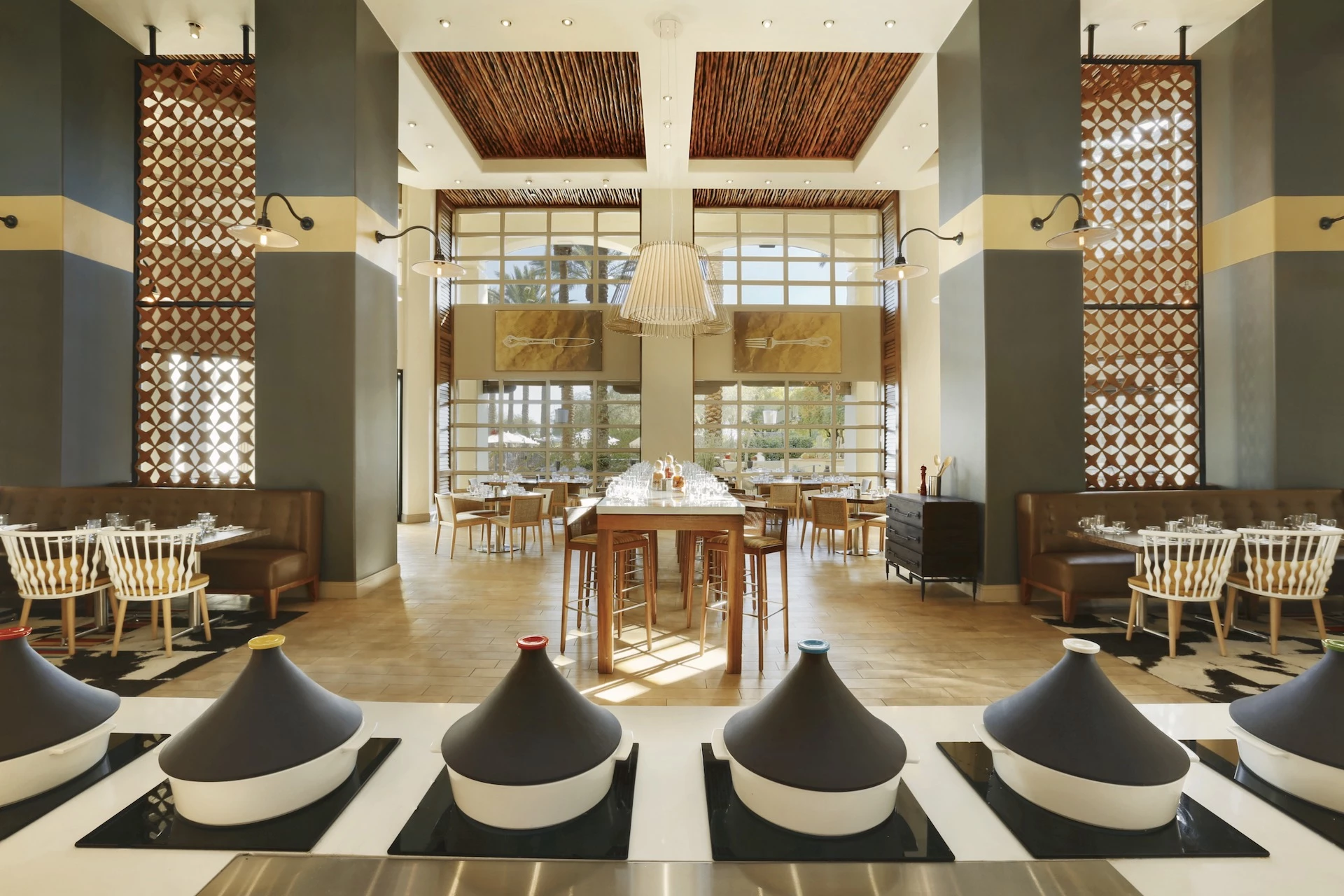 a room with tables and chairs