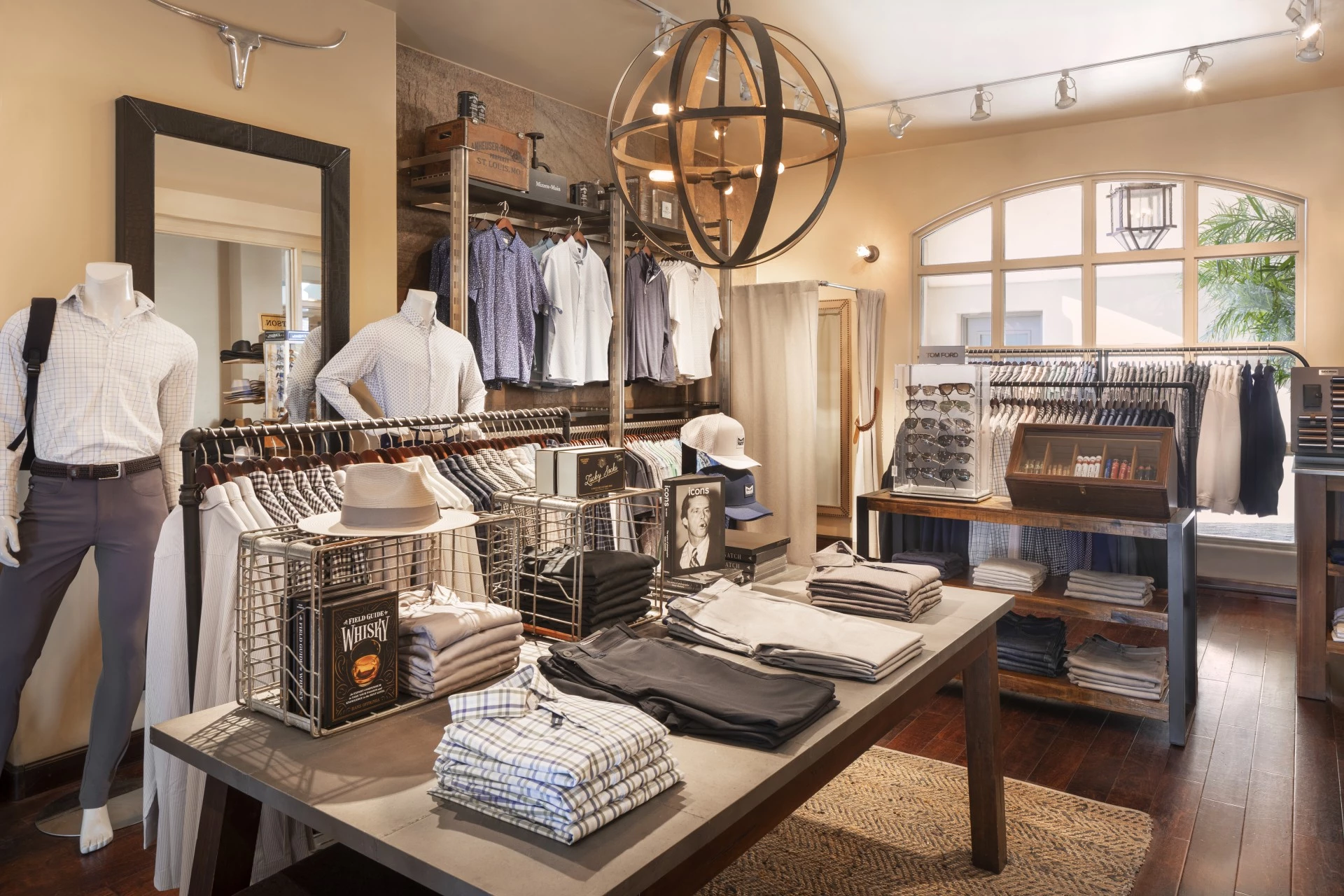 a store with a table of clothing