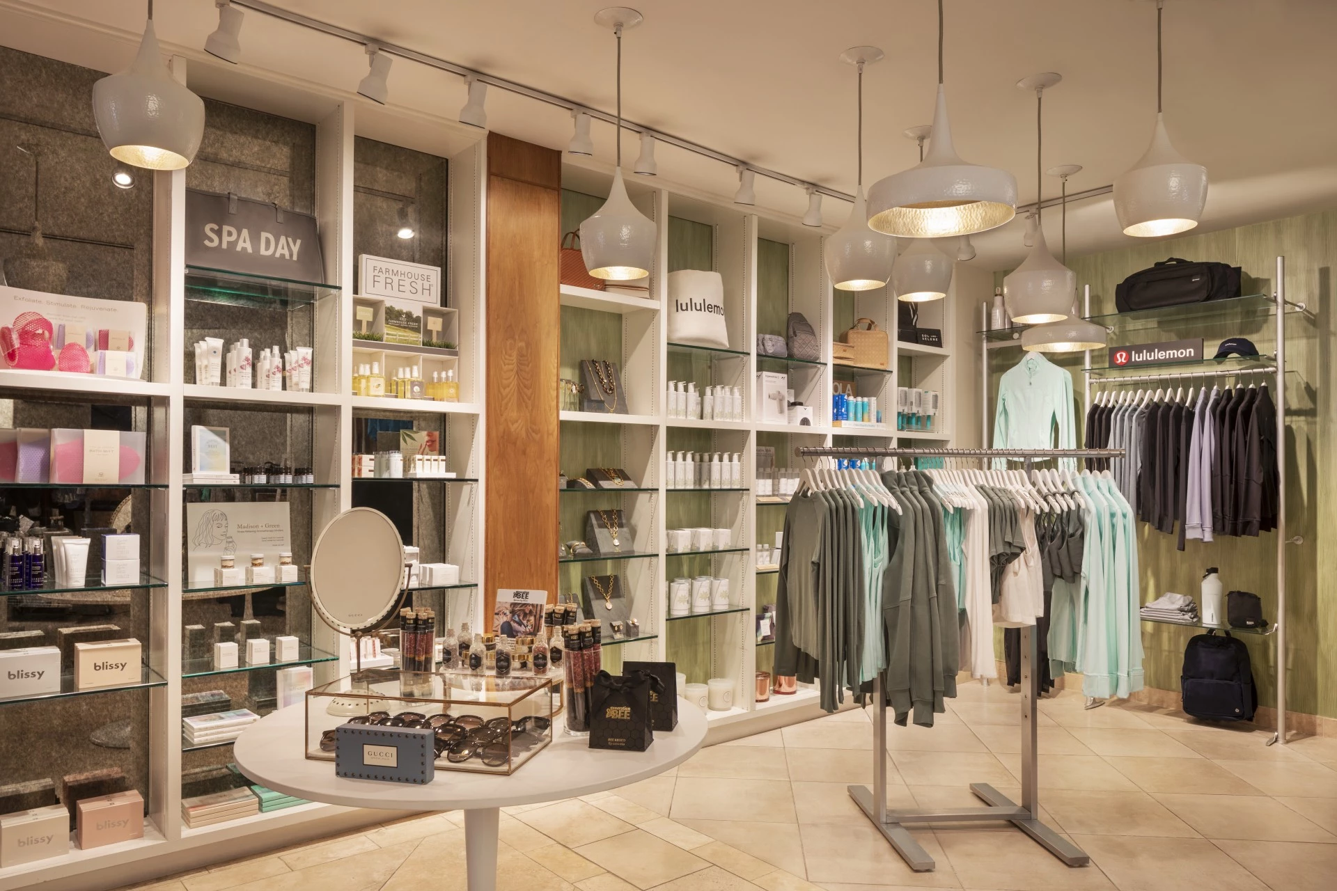 a store with shelves and shelves with clothing and cosmetics