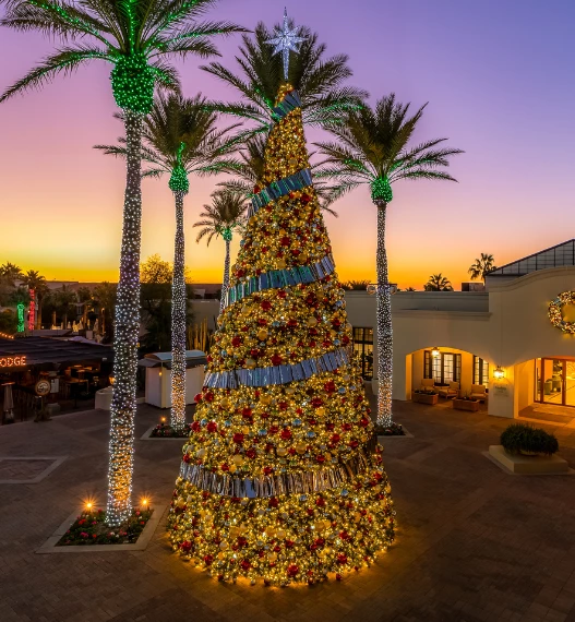 a large christmas tree with lights and palm trees