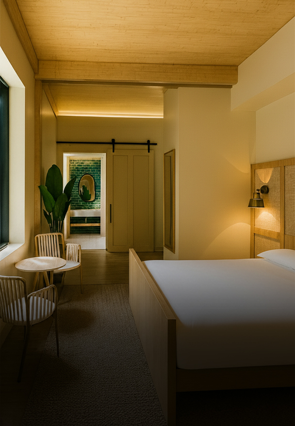 a room with a bed and chairs