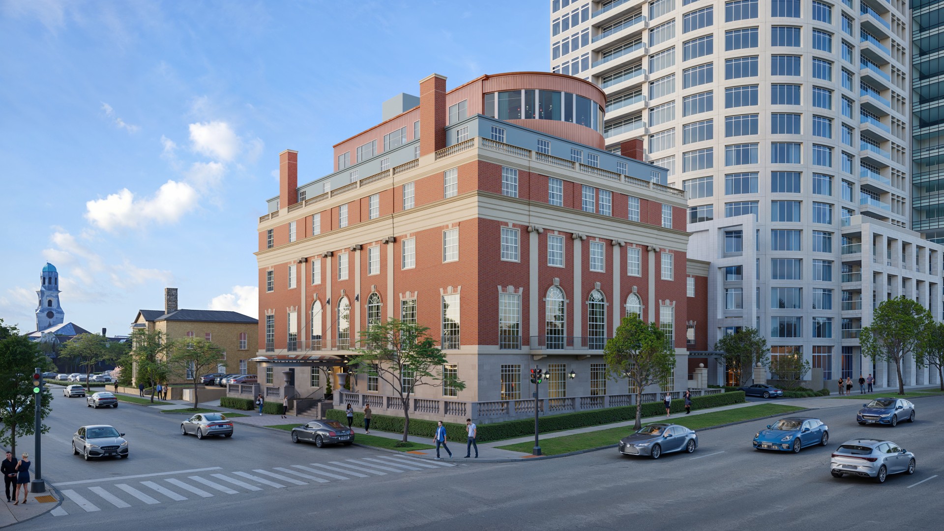 a building with cars on the street