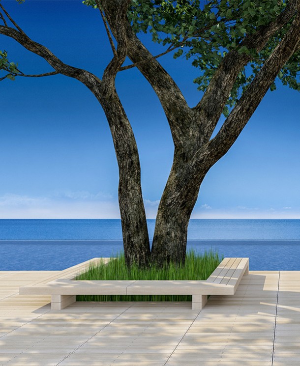 a tree with a bench surrounding it with a view to the pool