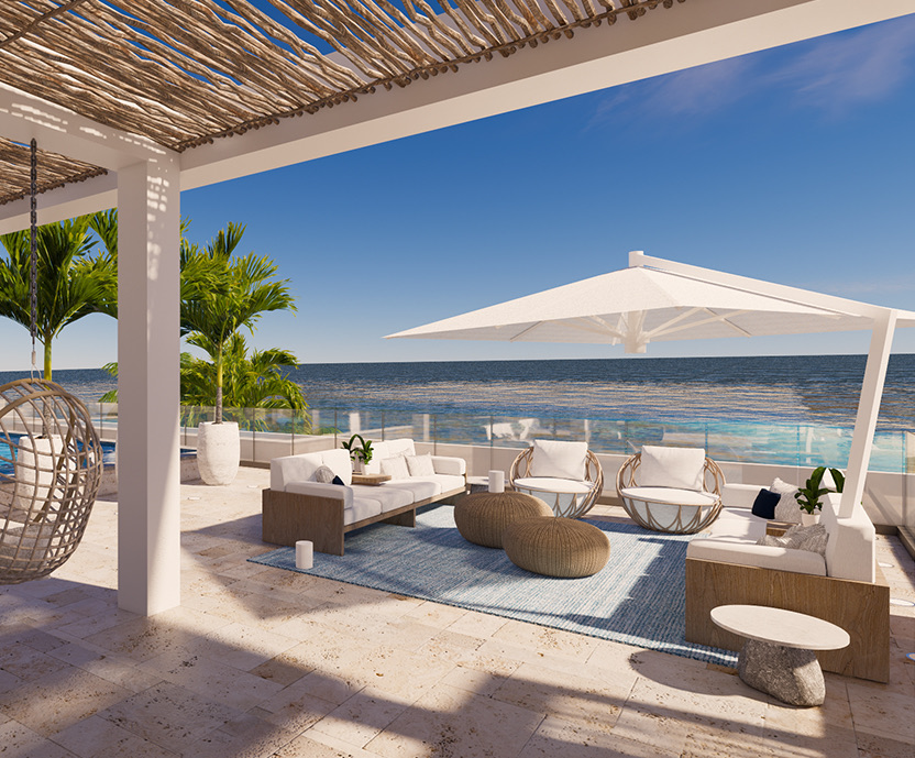 a terrace with chairs and a parasol