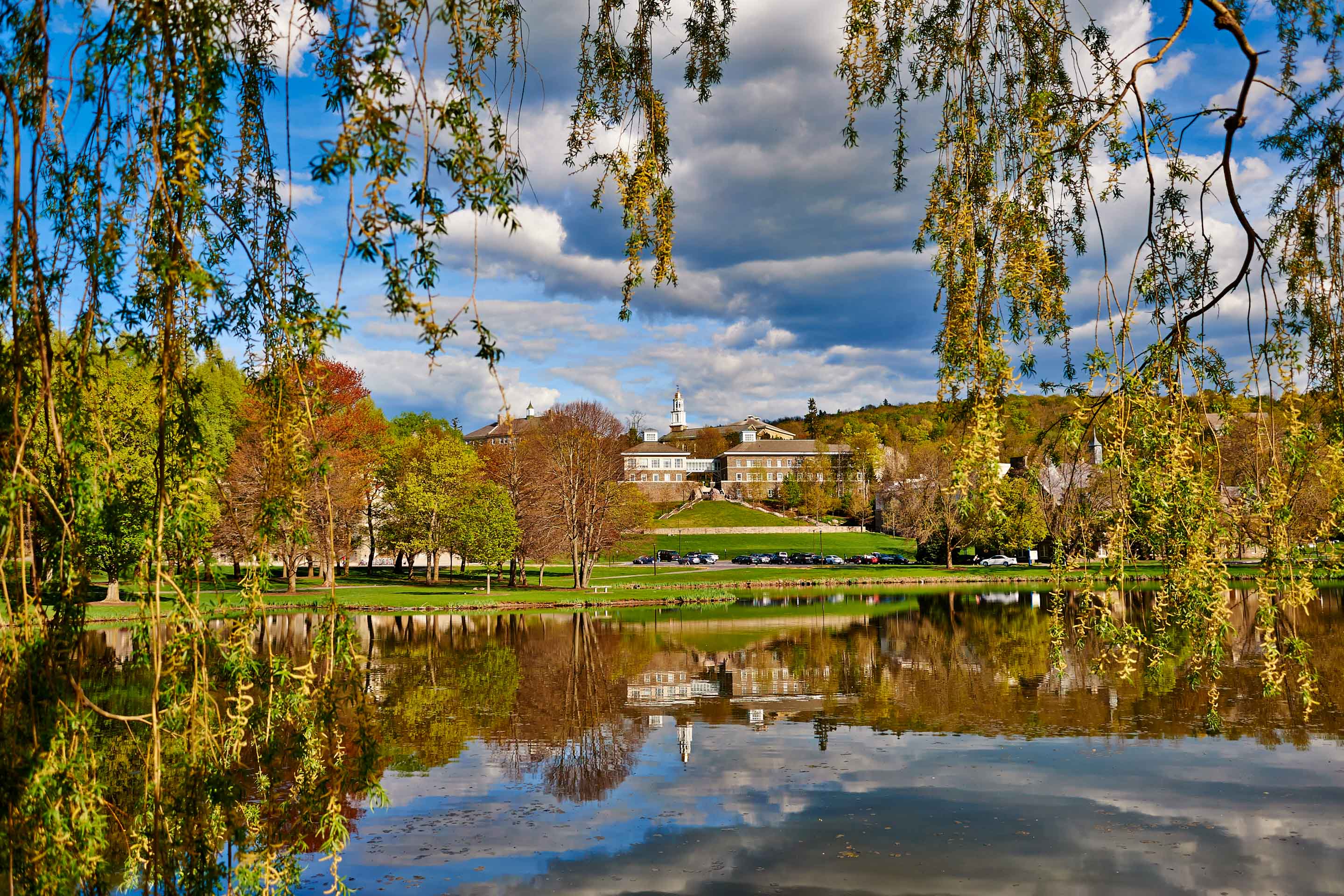 a lake with trees and buildings in the background