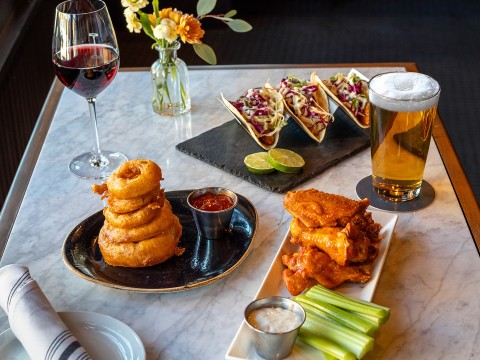 a table with food and drinks