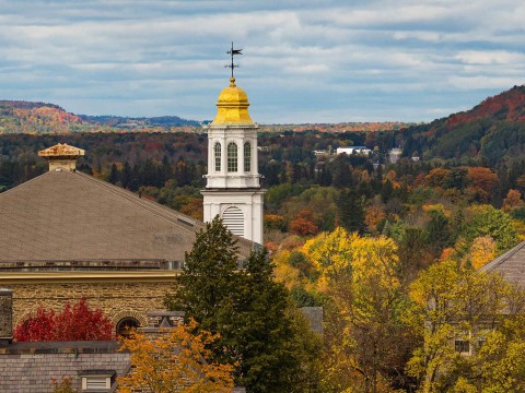 a building with a tower and a forest of trees