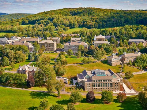 a group of buildings in a park