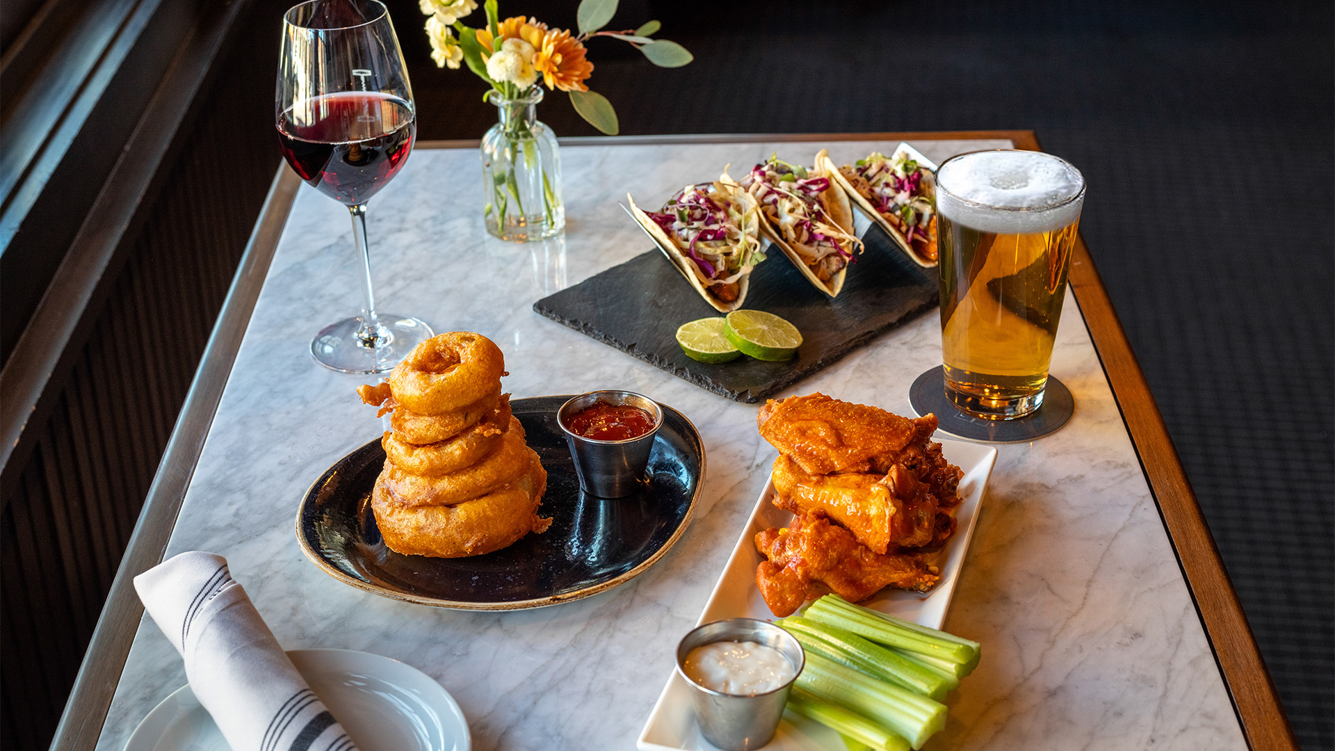 a table with food and drinks