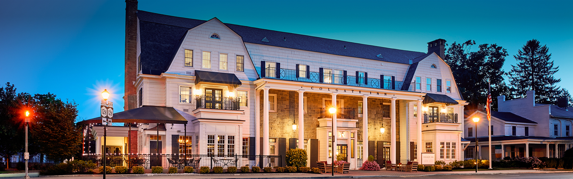 a building with columns and lights