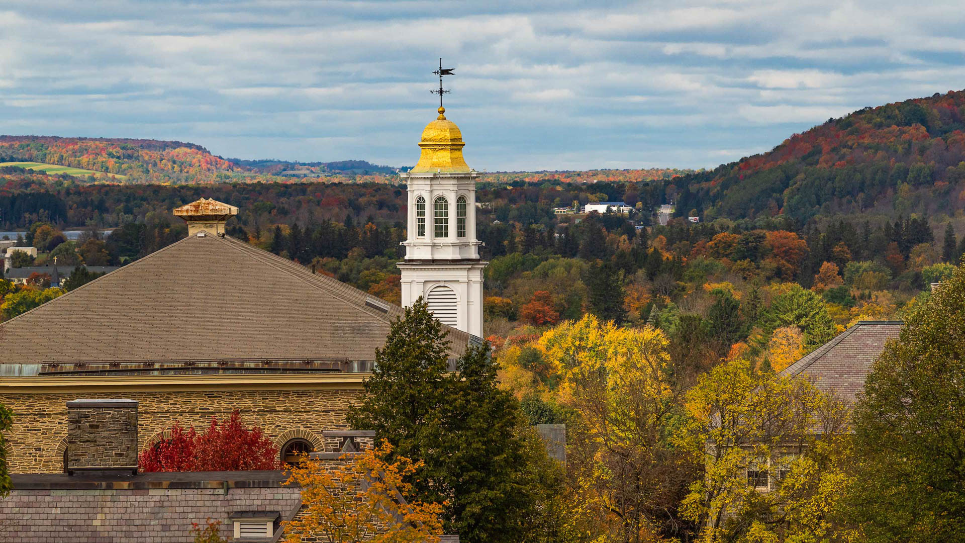 a building with a tower and a forest of trees