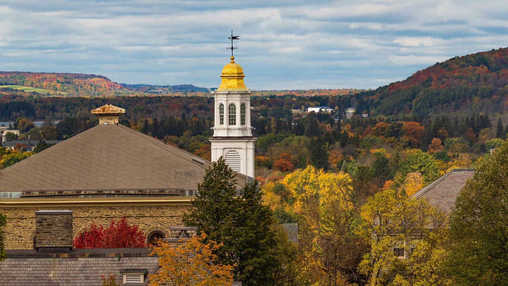 a building with a tower and a forest of trees