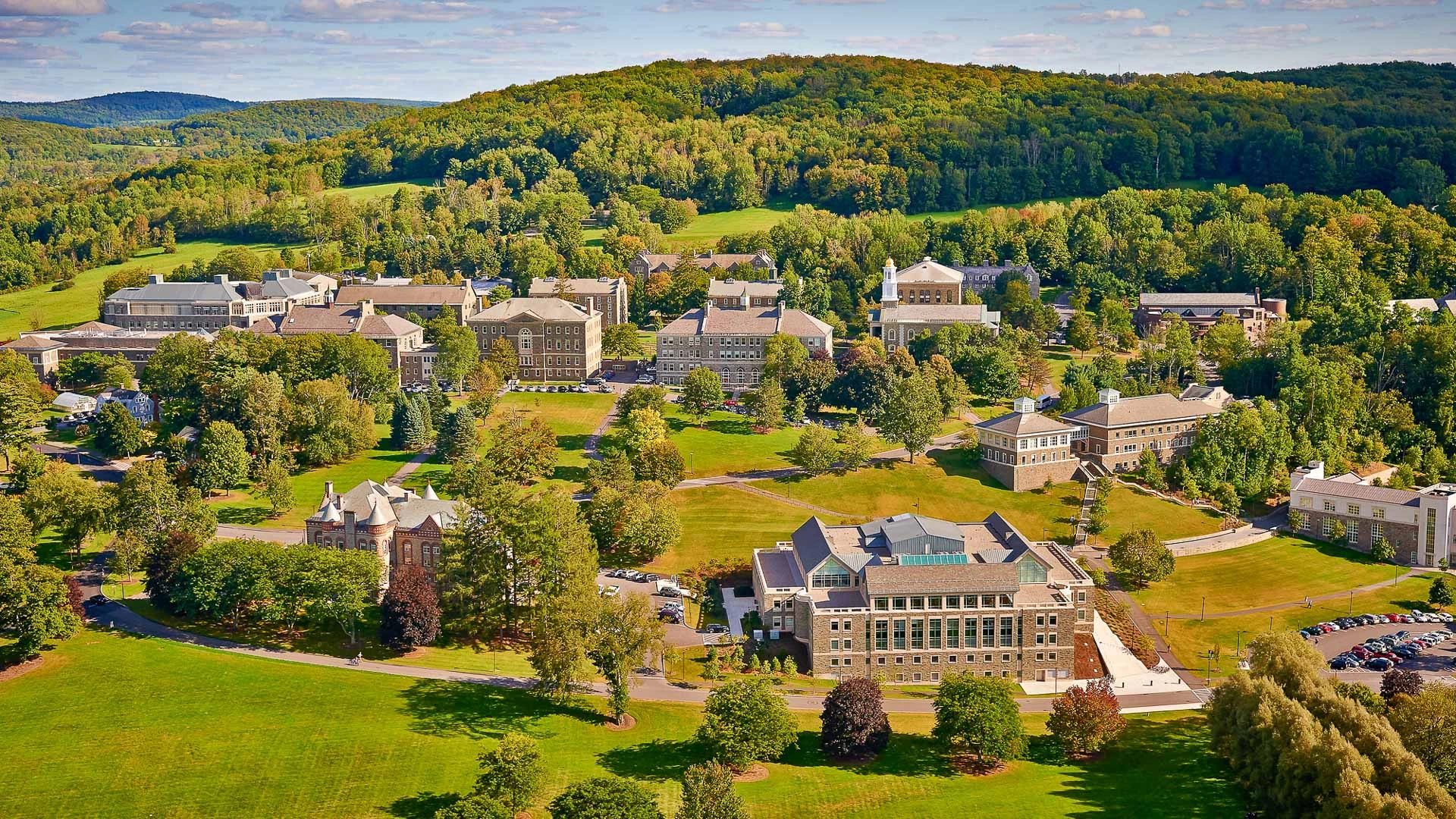 a group of buildings in a park