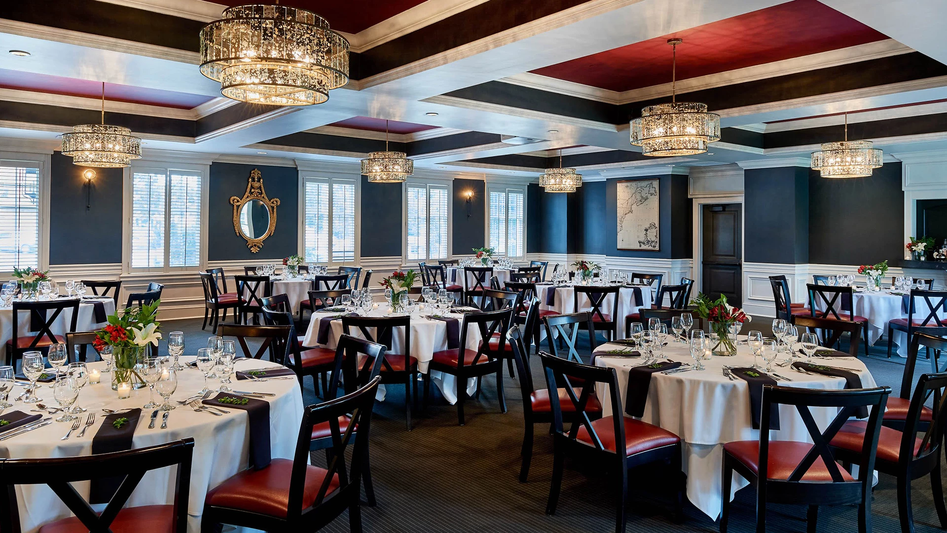 a room with tables and chairs