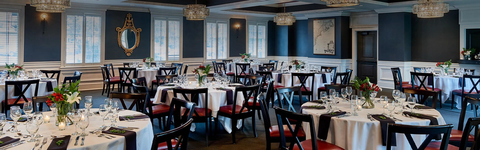 a room with tables and chairs