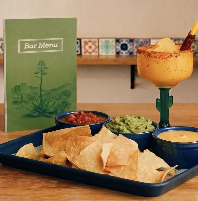 a bar menu with a plate of chips and dips