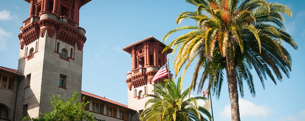 a building with a flag on top