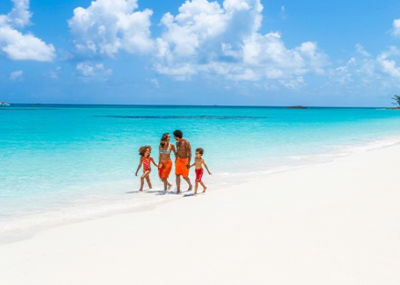 a group of people walking on a beach