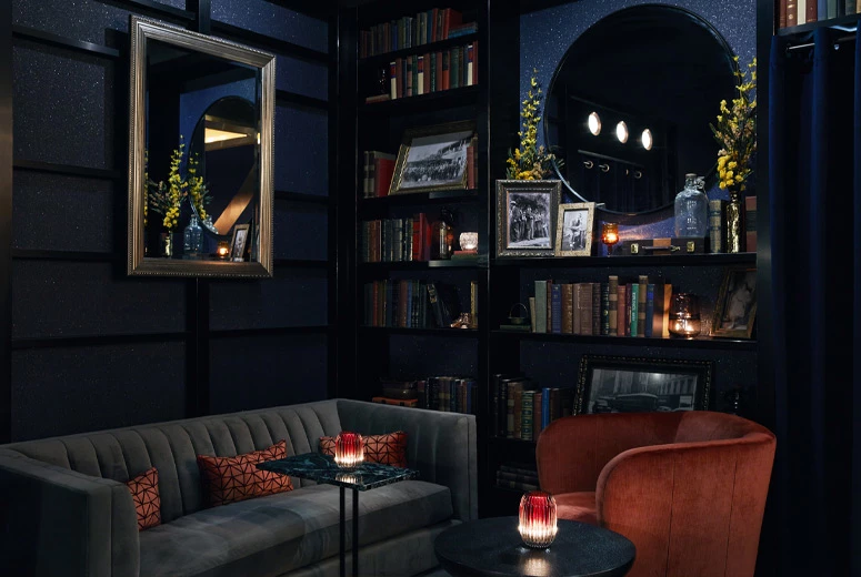 darkly lit lounge area with two color couches